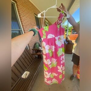 Lilly Pulitzer long floral, pink, green dress, one shoulder
